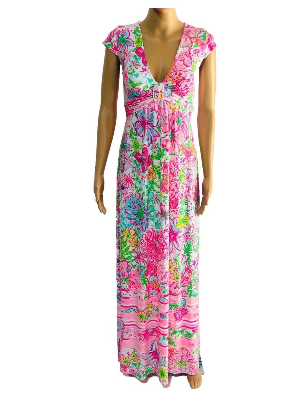 Lilly Putlizer Breanna Maxi Floral Dress XXS Paradise Found Deep V Neck Stretch